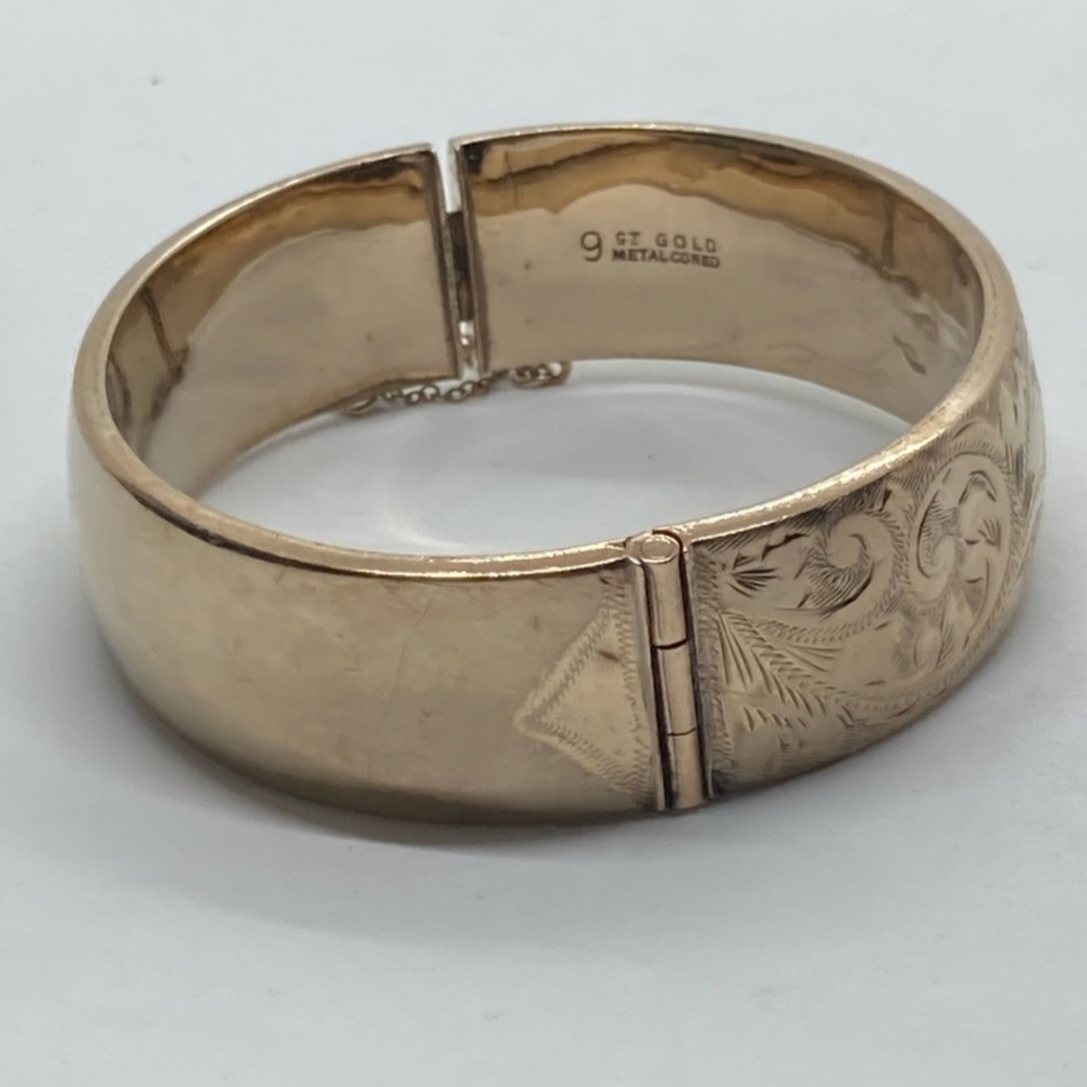 Vtg 9ct 9k Gold Floral Etched Bangle 9 Karat Gold w Metal Core 7” / 2.2”D - Picture 2 of 8